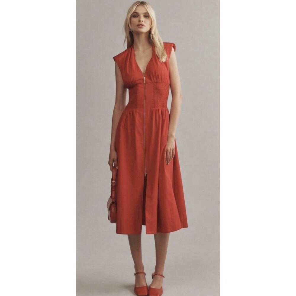 Anthropologie Shirt Dress Red Tommie Smocked Front Zip Preppy Boho Size 2X NWT